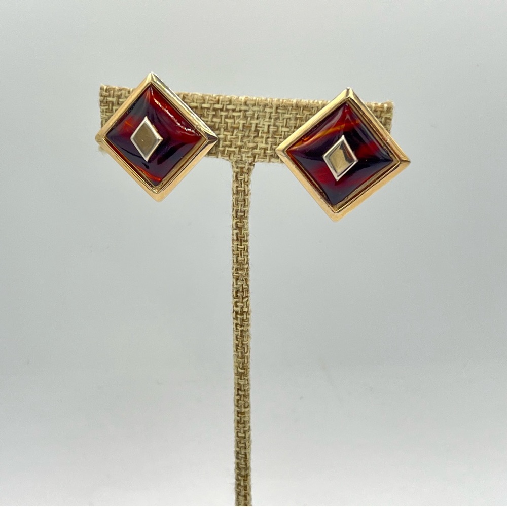 Vintage gold & tortoise LERU clip on earrings square